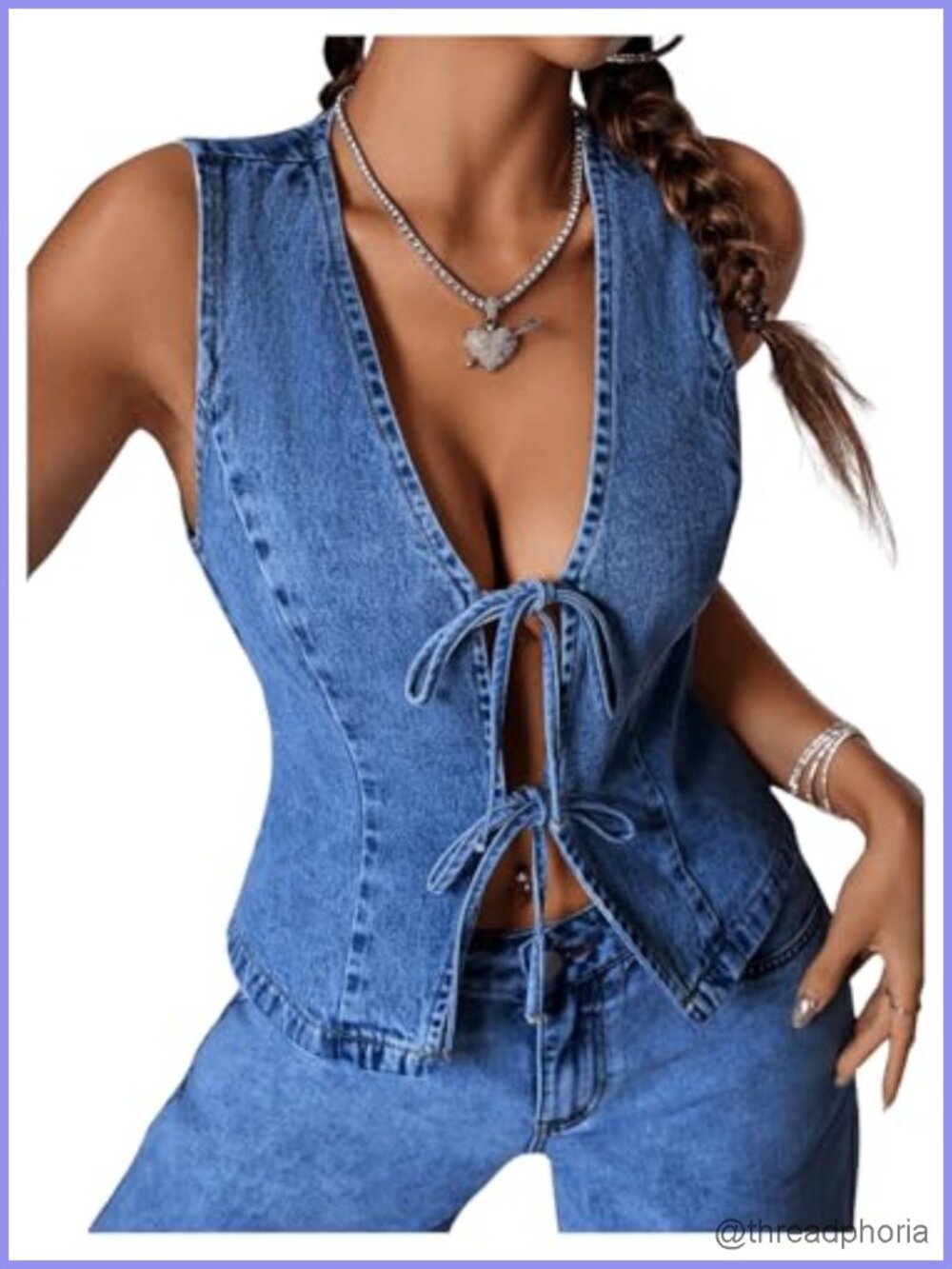 Sleeveless Tie Front Denim Vest Jean Jacket Deep V Neck Women